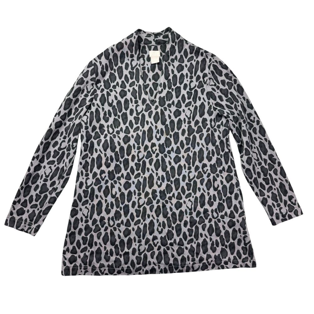 Chicos Top Women's 1 Medium Gray Tunic Leopard V Neck Long Sleeves Jersey Knit